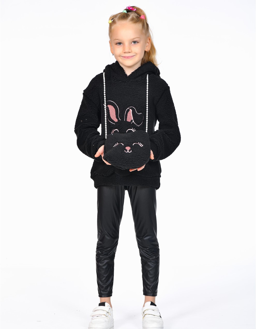 Kuzu Welsoftlu İnci Askılı Çantalı Tavşan Kulaklı Sweatshirt Kız Çocuk